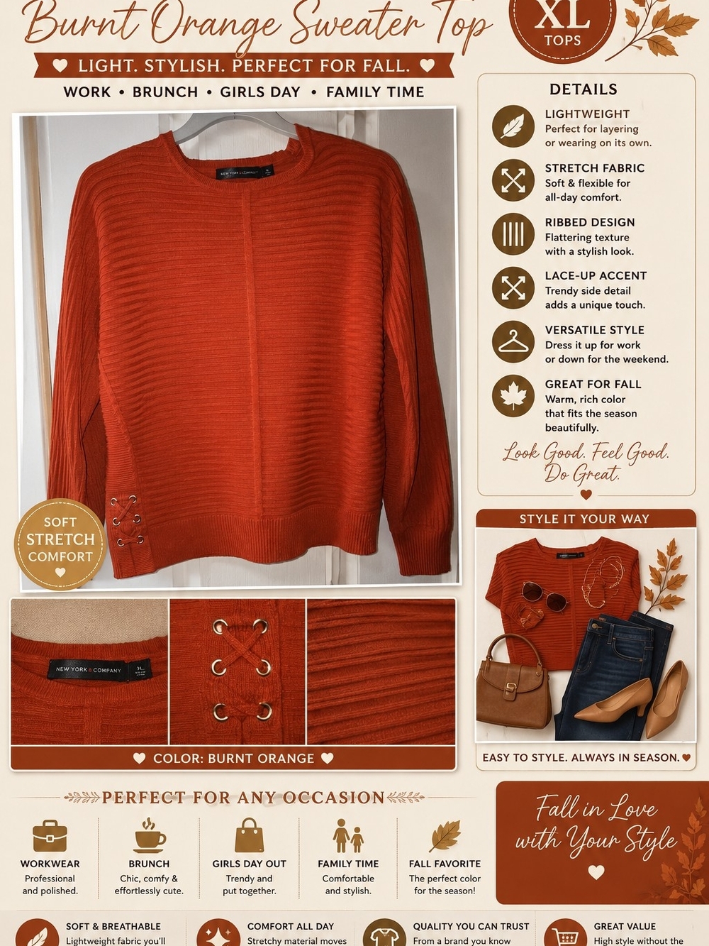 Burnt Orange Ribbed Sweater Top - New York & Company